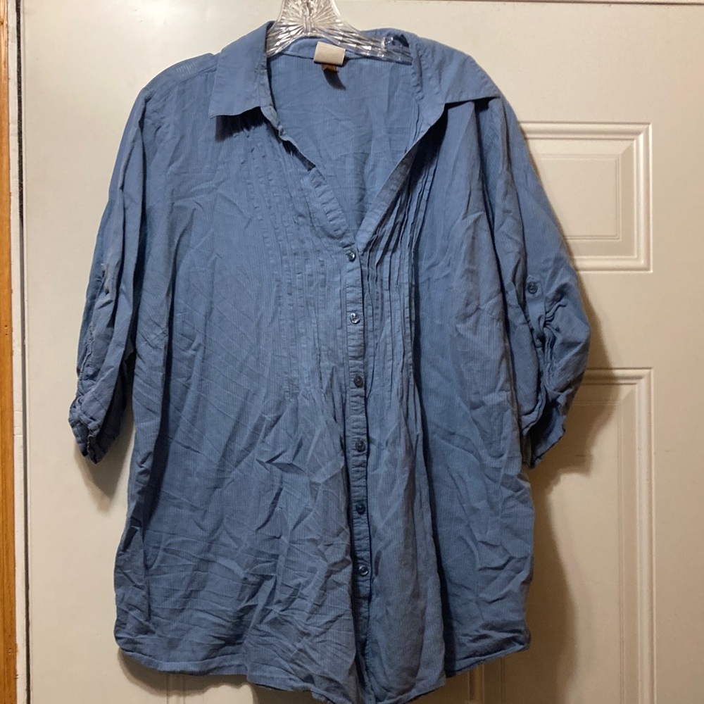 Light Blue Button-Up Pintuck Blouse 2X